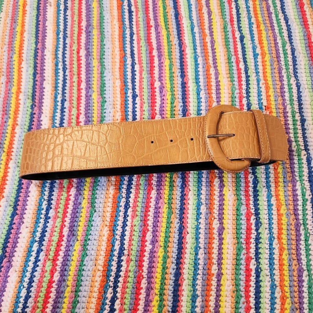 Vintage 1980s Omega Crocodile-Embossed Brown Leather Belt with Oversized Buckle
